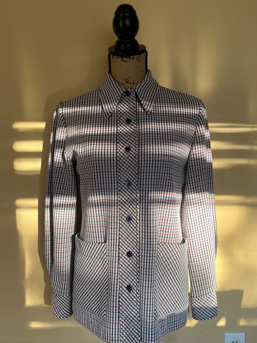 Vintage 70s Handmade Gingham Mod Retro Plaid Shirt Jacket Blazer Wing Collar